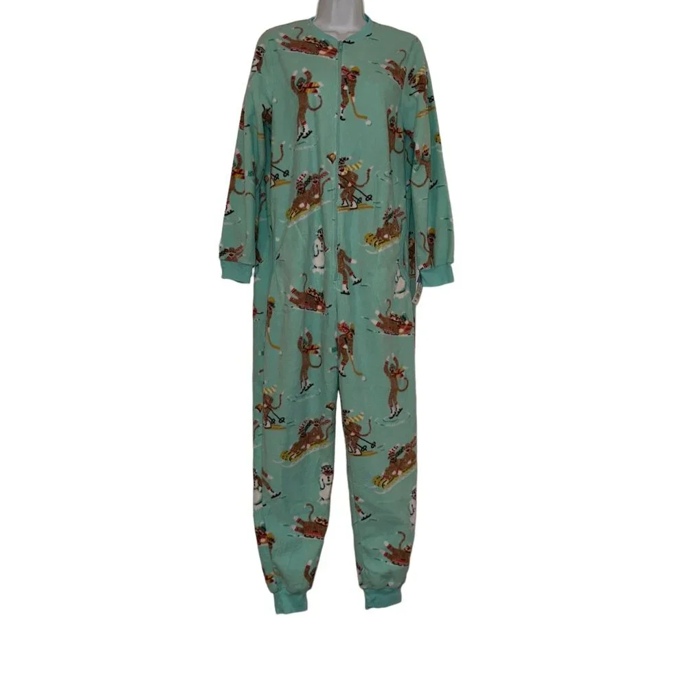 NWT Nick & Nora Pajamas Womens M Monkey Soft Fleece Unionsuit One Piece Green